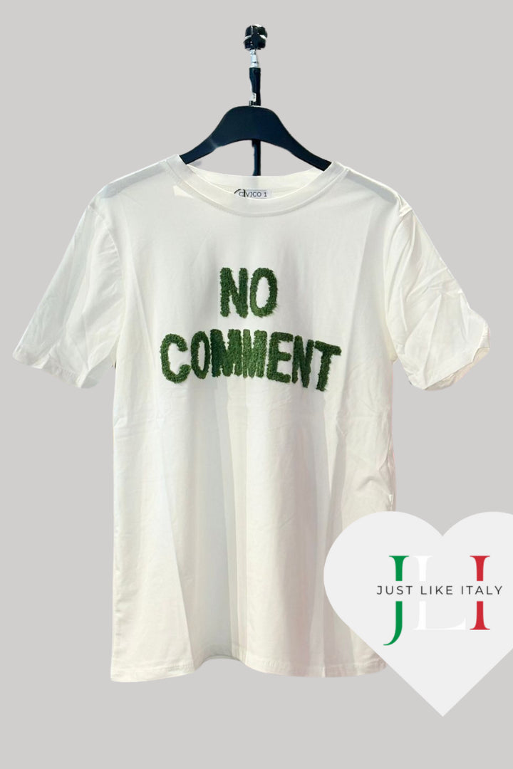 Damen T-Shirt „NO COMMENT“ – Weiß mit 3D-Bouclé-Stickerei | Statement Shirt