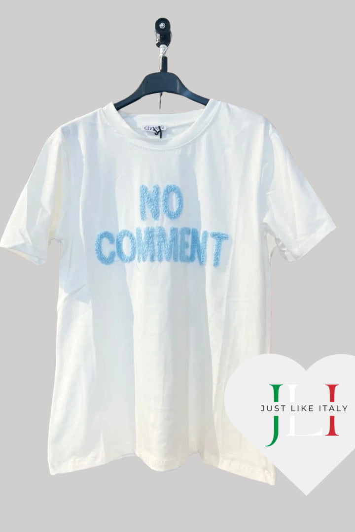 Damen T-Shirt „NO COMMENT“ – Weiß mit 3D-Bouclé-Stickerei | Statement Shirt