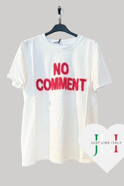 Damen T-Shirt „NO COMMENT“ – Weiß mit 3D-Bouclé-Stickerei | Statement Shirt