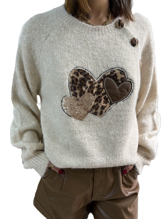 Pullover mit Herzmuster BEIGE