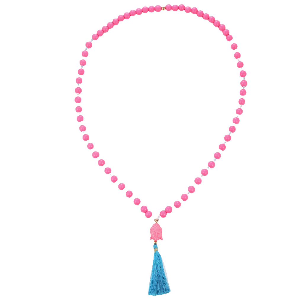 Lange Holzperlenkette mit Buddha & Quaste NEONROSA / BLAU