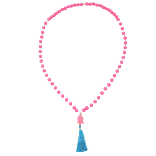 Lange Holzperlenkette mit Buddha & Quaste NEONROSA / BLAU