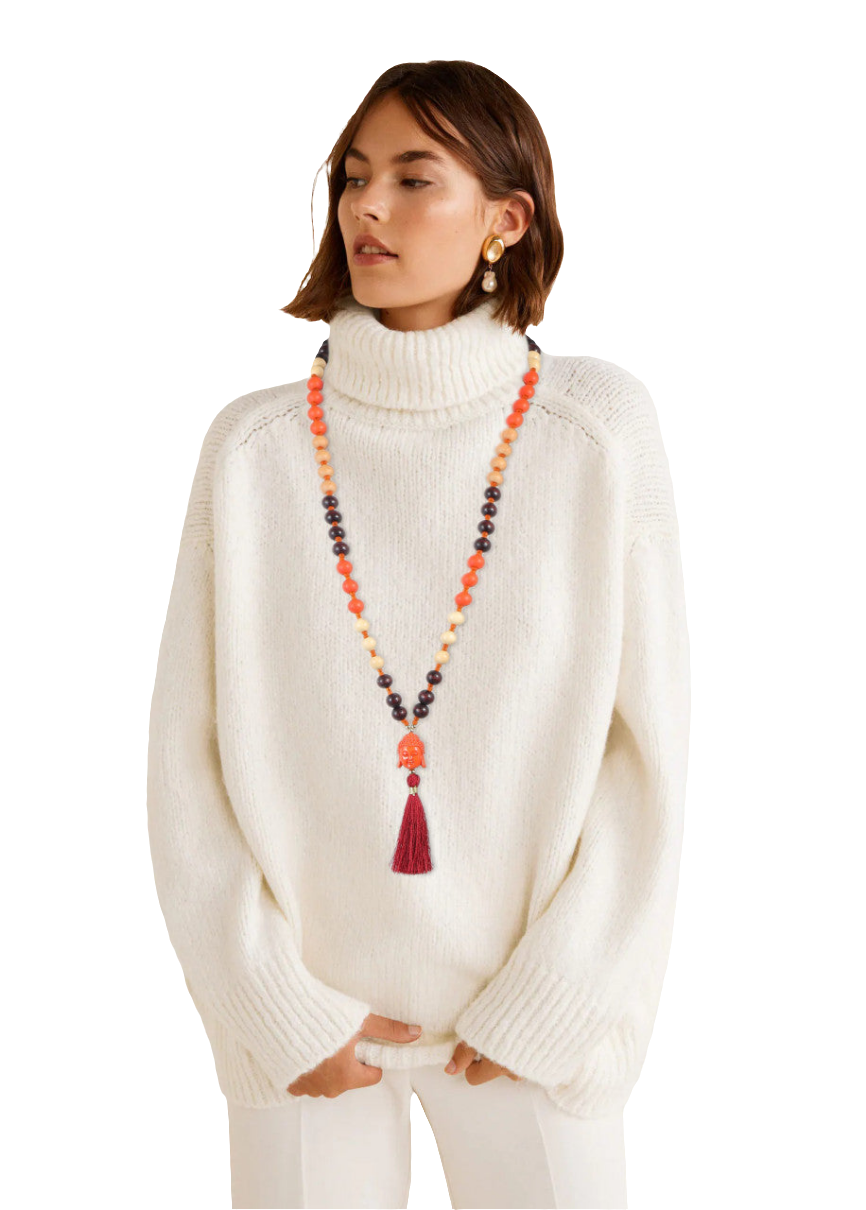 Lange Holzperlenkette mit Buddha & Quaste NEONROSA / BLAU