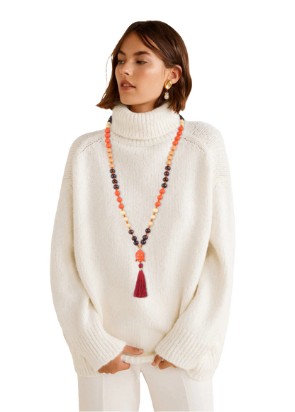 Lange Holzperlenkette mit Buddha & Quaste NEONROSA / BLAU