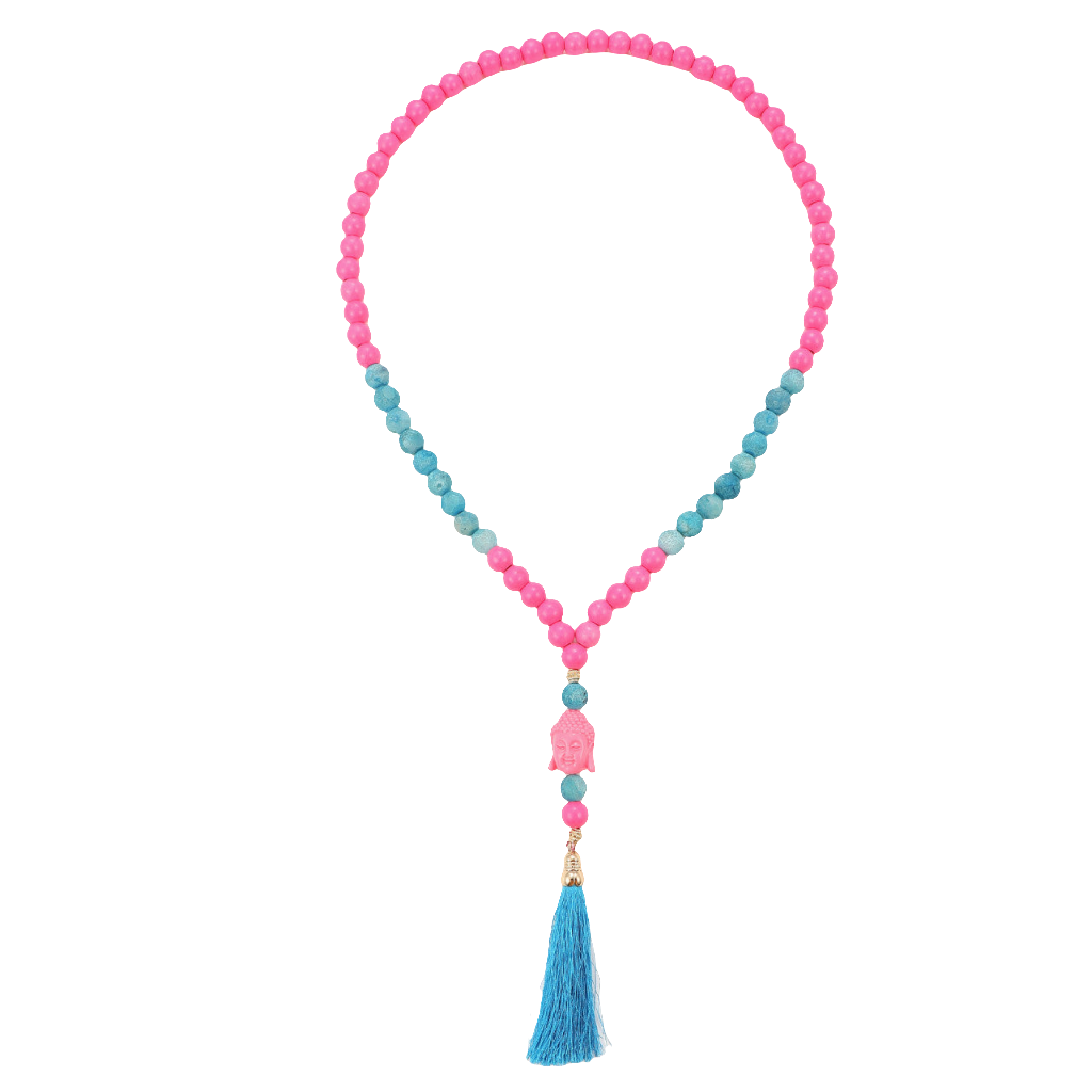 Lange Holzperlenkette mit Buddha & Quaste NEONROSA / BLAU