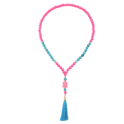 Lange Holzperlenkette mit Buddha & Quaste NEONROSA / BLAU