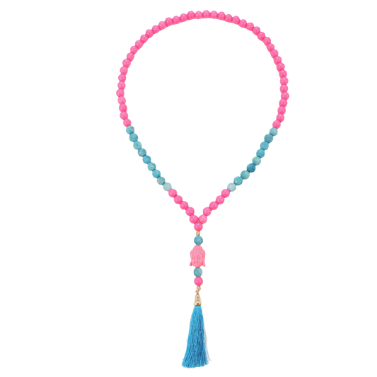 Lange Holzperlenkette mit Buddha & Quaste NEONROSA / BLAU
