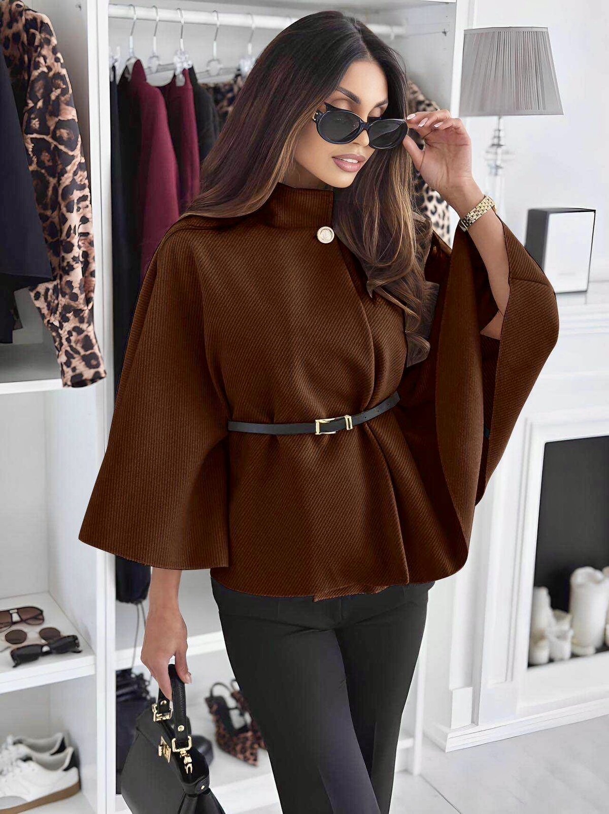 Eleganter Cape Poncho mit Gürtel versch. Farben