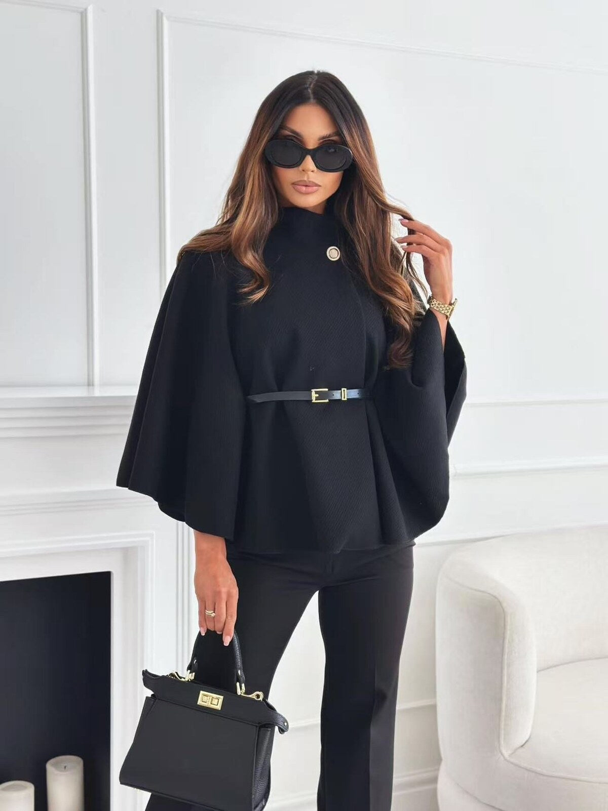 Eleganter Cape Poncho mit Gürtel versch. Farben