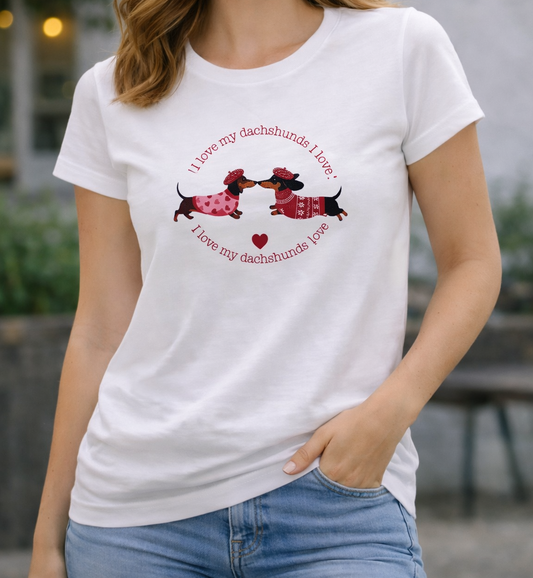 Weißes Damen Dackel T-Shirt mit 2 Dackel die Nase an Nase sich berühren