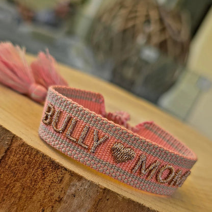 Handgewebtes Armband „BULLY MOM“ – Rosa & Gold | Statement-Schmuck für Hundemamas