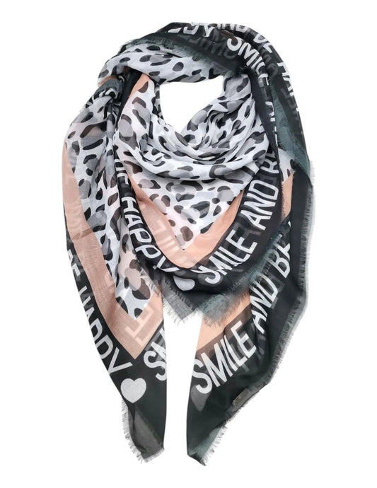 Viskose Tuch „Smile and Be Happy“ – mit Leopardenmuster | Damen Schal - SCHWARZ