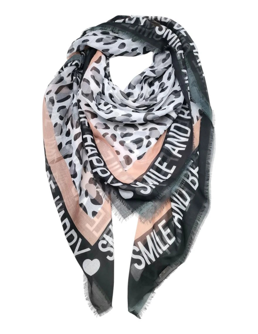 Viskose Tuch „Smile and Be Happy“ – mit Leopardenmuster | Damen Schal - SCHWARZ