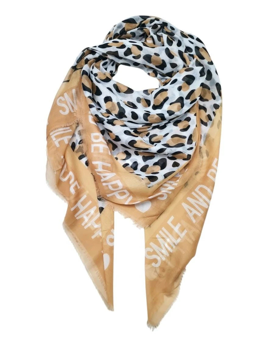 Viskose Tuch „Smile and Be Happy“ – mit Leopardenmuster | Damen Schal - BEIGE