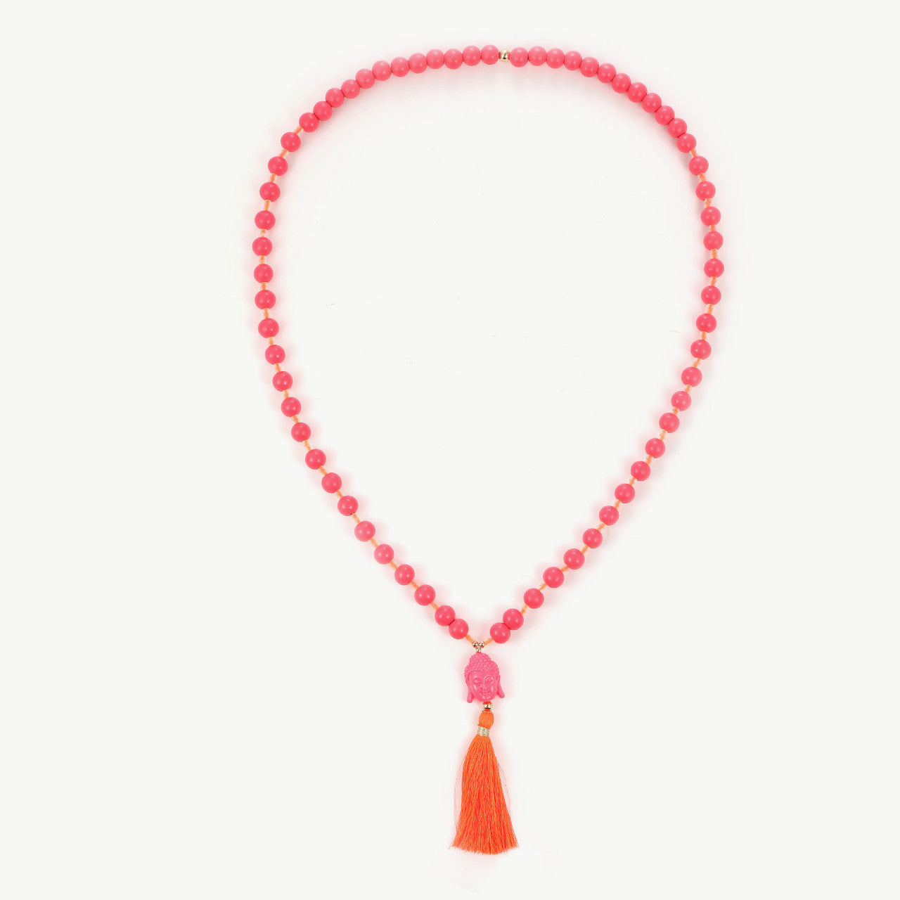 Lange Holzperlenkette mit Buddha & Quaste NEONORANGE / NEONPINK