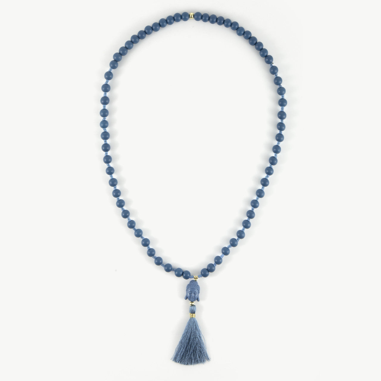Lange Holzperlenkette mit Buddha & Quaste JEANSBLAU