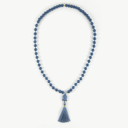 Lange Holzperlenkette mit Buddha & Quaste JEANSBLAU