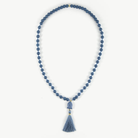 Lange Holzperlenkette mit Buddha & Quaste JEANSBLAU