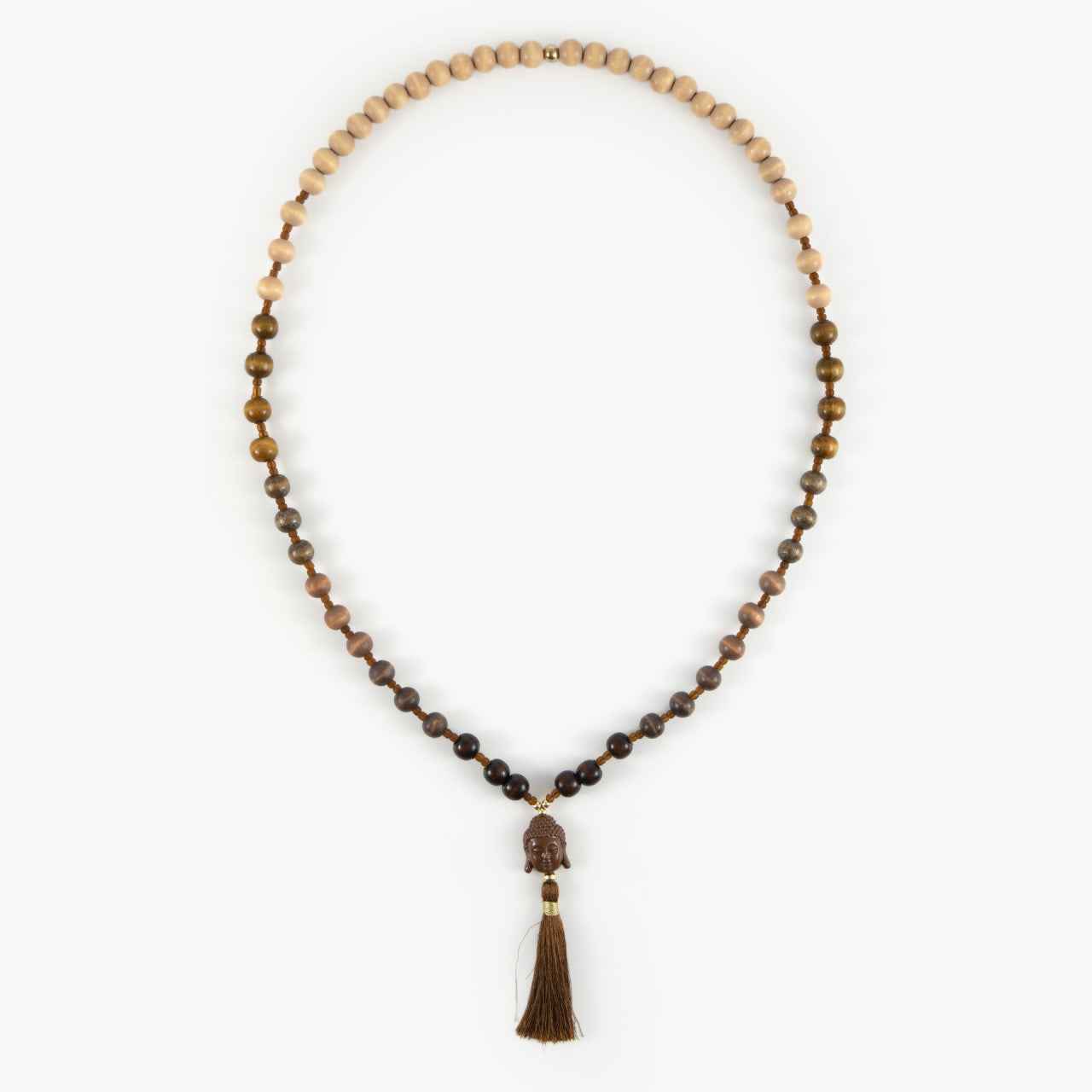 Lange Holzperlenkette mit Buddha & Quaste HELLBRAUN