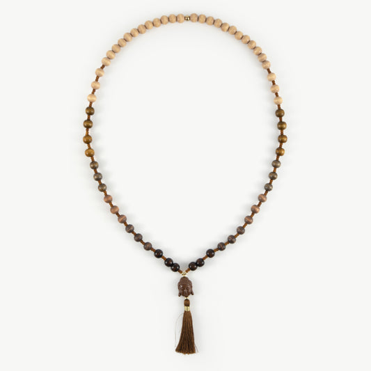 Lange Holzperlenkette mit Buddha & Quaste HELLBRAUN