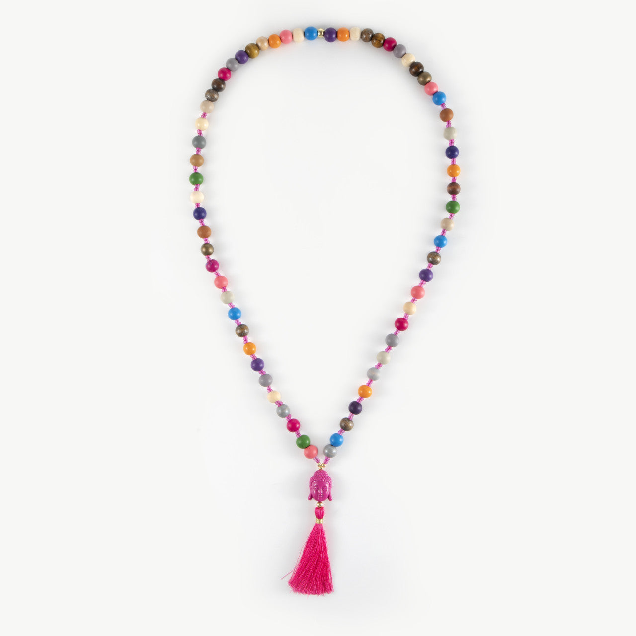 Lange Holzperlenkette mit Buddha & Quaste BUNT