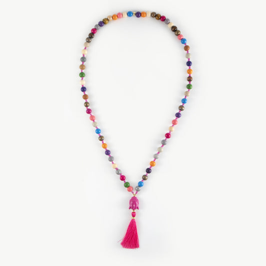 Lange Holzperlenkette mit Buddha & Quaste BUNT