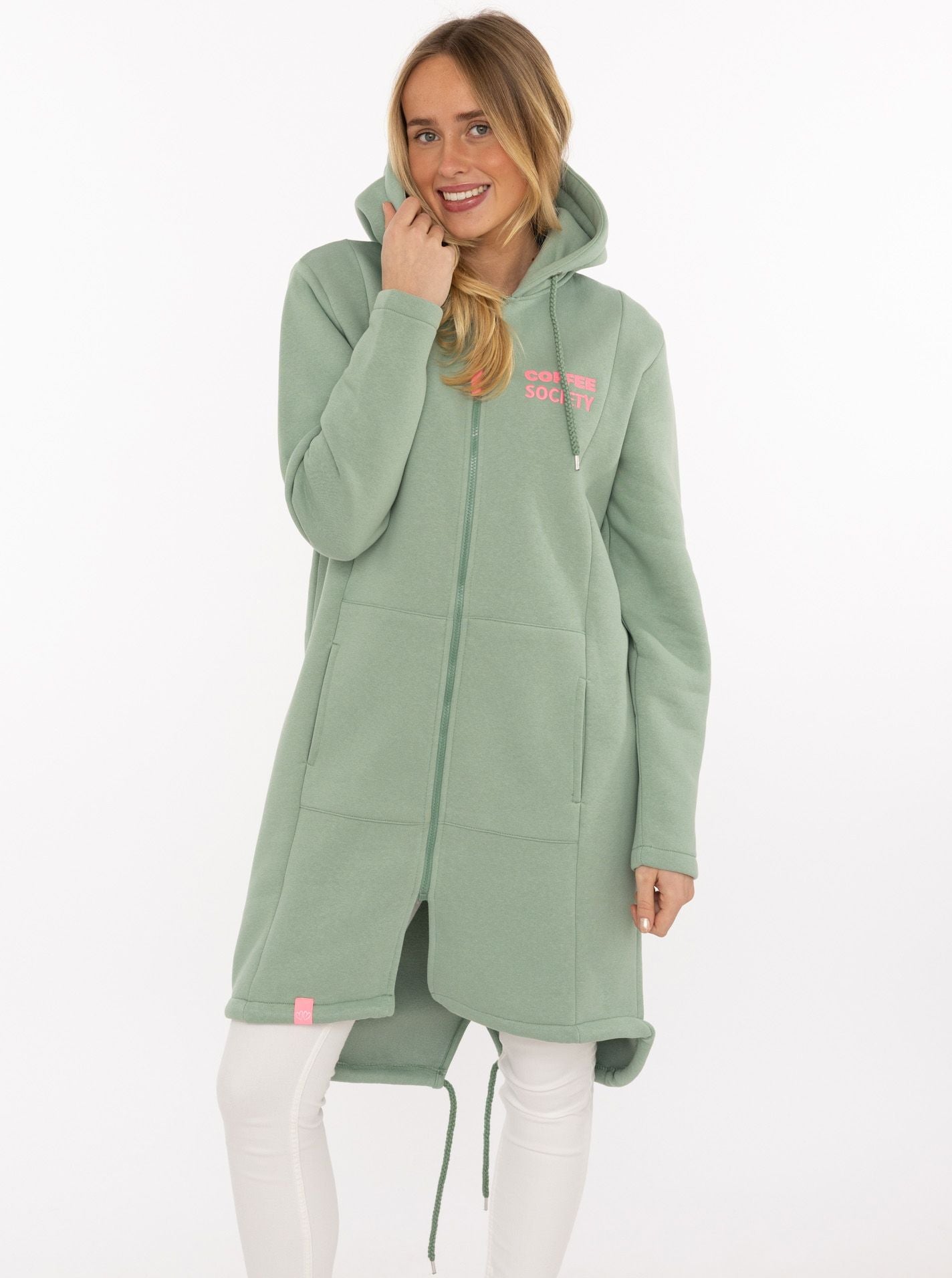 Langer Hoodie Mantel in Mint mit Rosa Stickerei auf dem Rücken Morning Coffee Society