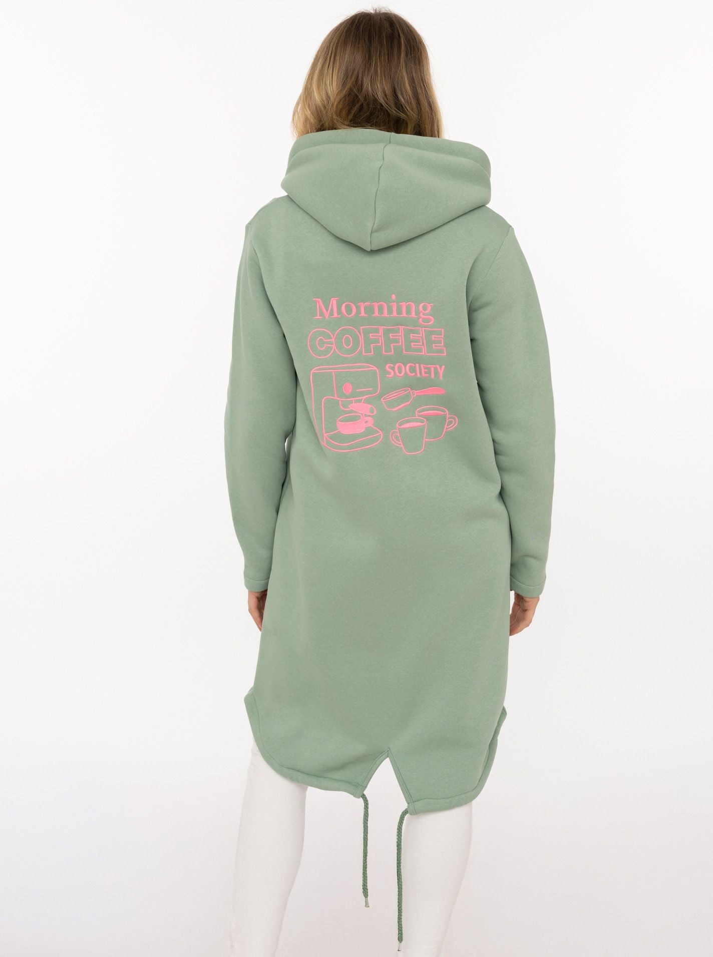 Langer Hoodie Mantel in Mint mit Rosa Stickerei auf dem Rücken Morning Coffee Society