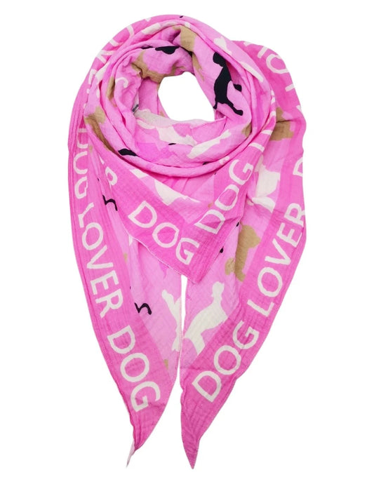Ein Dreiecks Tuch mit Hunden und der Aufschrift Dog Lover aus Musselin
