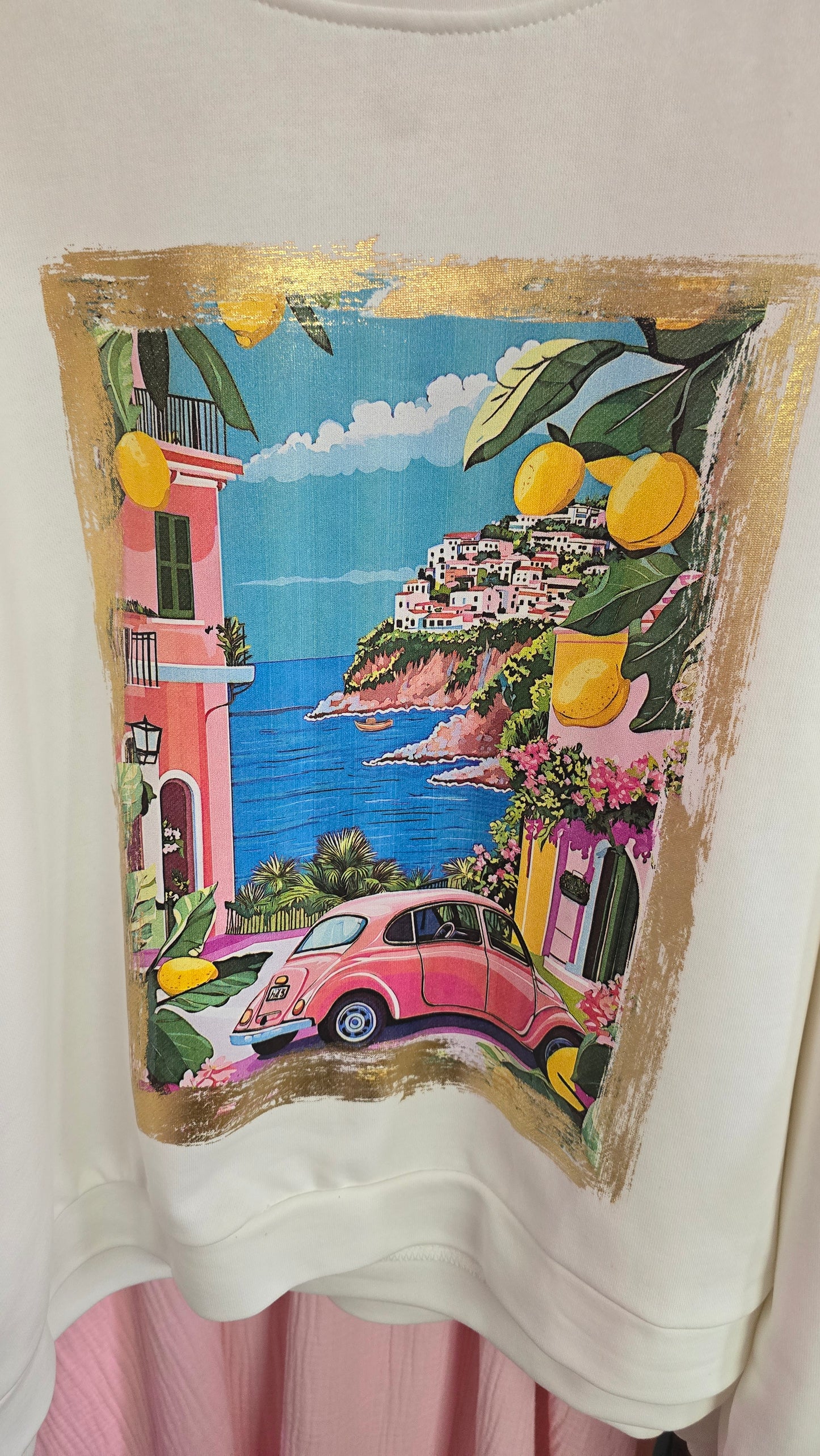Damen Sweatshirt mit Italien Print – Oversize Pullover Amalfi Küste Vespa Motiv Casual Freizeit Look