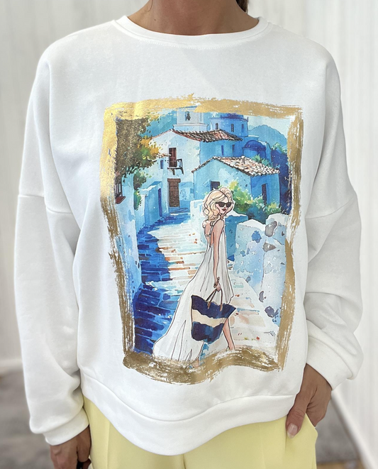 Damen Sweatshirt mit Italien Print – Oversize Pullover Amalfi Küste Vespa Motiv Casual Freizeit Look