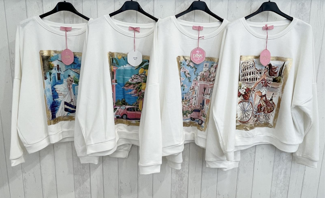 Damen Sweatshirt mit Italien Print – Oversize Pullover Amalfi Küste Vespa Motiv Casual Freizeit Look